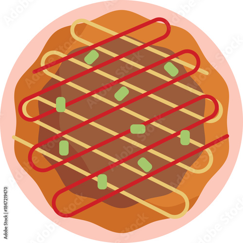 Okonomiyaki Icon: A stylized Japanese savory pancake topped with sauce and garnishes, representing the popular street food known for its layered ingredients.