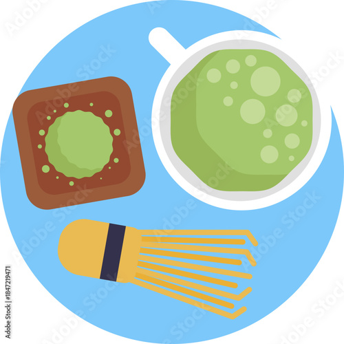 A simple illustration of matcha tea, highlighting its vibrant green color and association with Japanese cuisine and wellness.