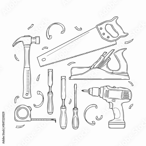 Hand Tools Line Art Construction Illustration