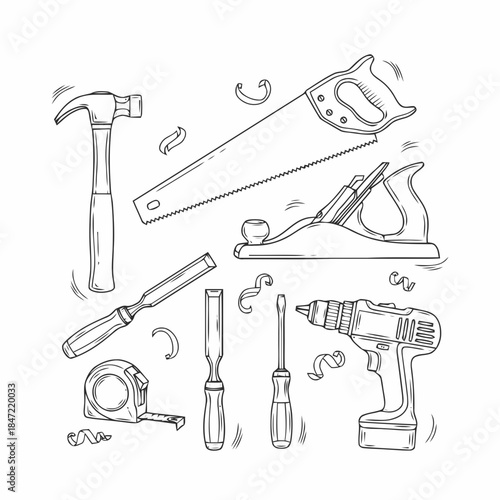 Hand Tools Line Art Construction Illustration