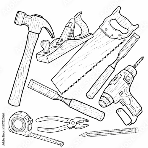Hand Tools Line Art Construction Illustration