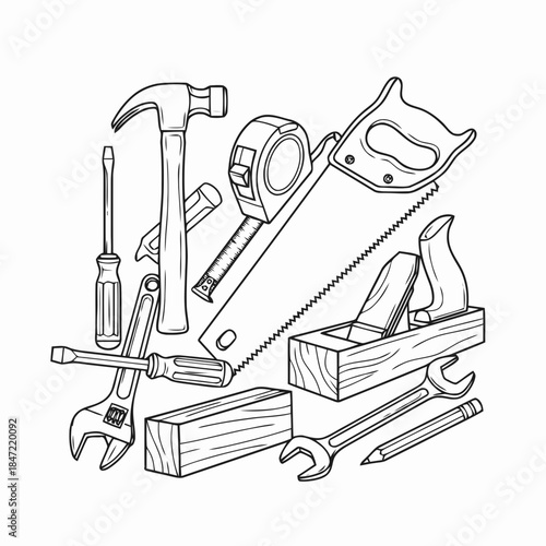 Hand Tools Line Art Construction Illustration