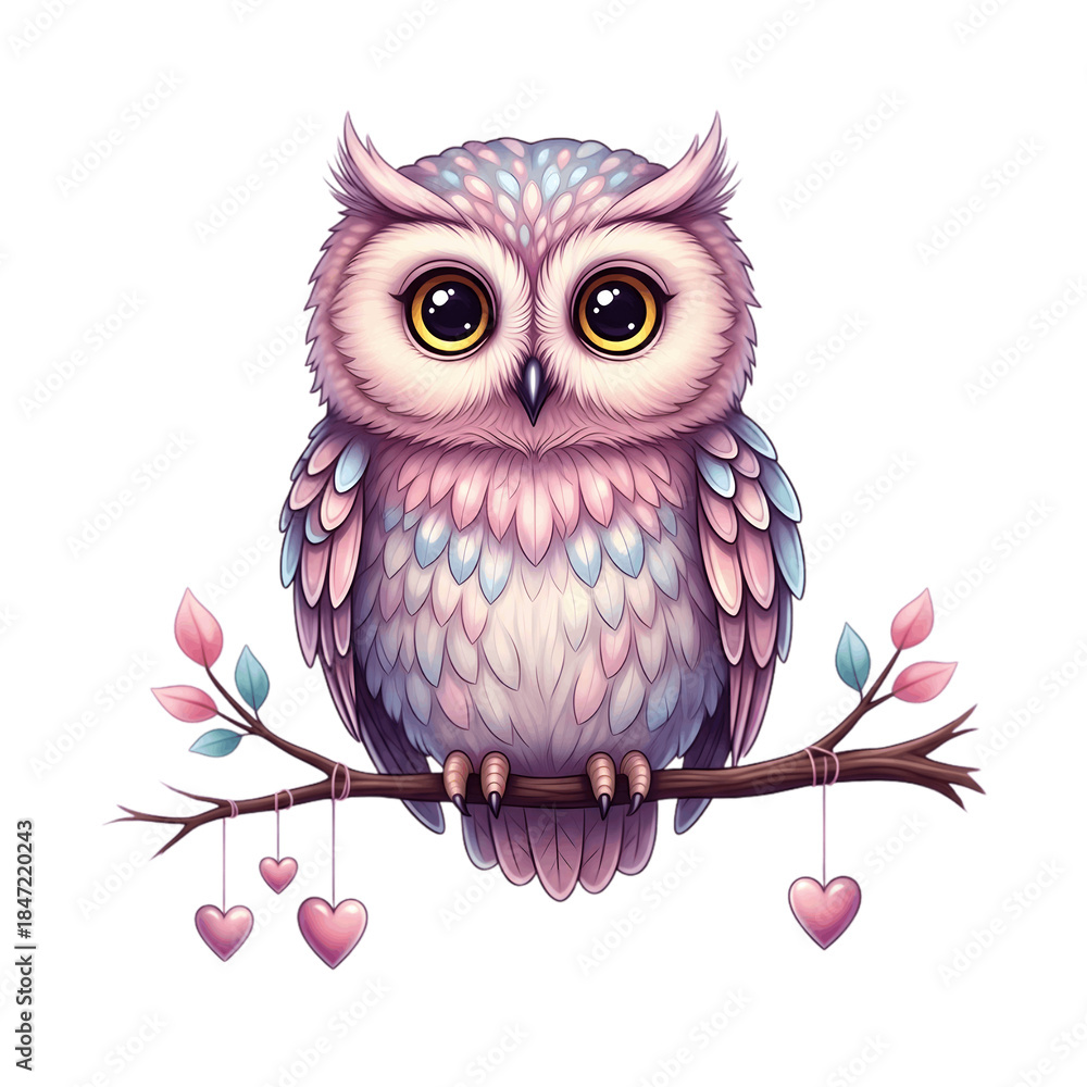 Fototapeta premium A charming owl, with big eyes perched on a branch, exudes a sense of peace and affection. Pastel colors add softness and a whimsical touch. png transparent background