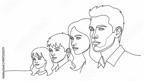 Family profile silhouettes of father, mother, and two children, unity and generational concept, line art.