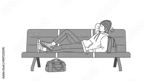 A young person in a beanie and hoodie rests on a public bench with backpack and bag, illustrating a moment of peaceful waiting or relaxation during their journey