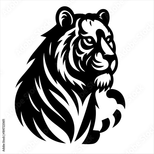 Stylized black and white illustration of a tiger's head and upper body, featuring bold lines and artistic design.
