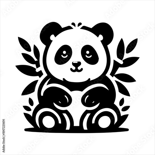 A cute black and white cartoon panda sitting with bamboo leaves, designed in a simple graphic style.
