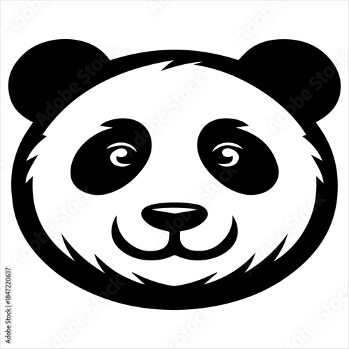Black and white cartoon illustration of a cute and friendly panda bear face with a happy expression, isolated on a white background.