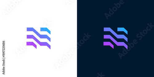 Modern abstract digital letter N or wave-like pattern logo design featuring a dynamic gradient of vibrant purple and blue hues, suitable for various technology or communication brands