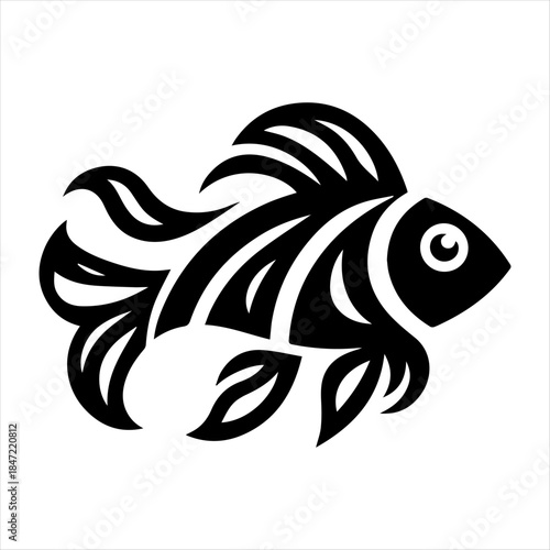 Stylized black silhouette of a fish with decorative lines, swimming right, on a white background, artistic aquatic creature.