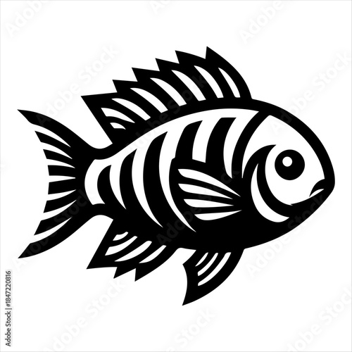 Stylized black and white illustration of a fish with striped body and fins, depicted in a simple graphic art style.