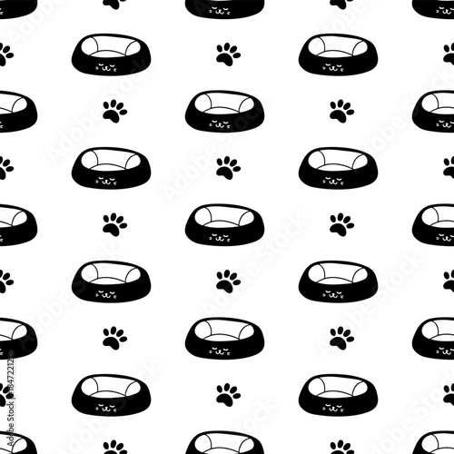 Hand drawn seamless pattern with pet beds and paw prints. Vector pet home background. 