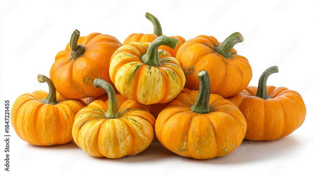 Fototapeta premium Pile of vibrant mini pumpkins on white background. Artificial intelligence image