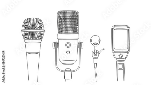 Set of different microphone types including studio and lapel mics, audio recording tools collection, line art.