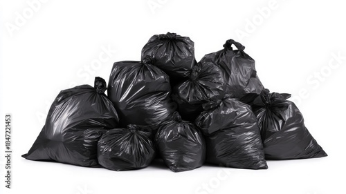 Pile of black garbage bags on white background. Artificial intelligence image