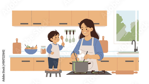 A mother and her child cooking together in a modern kitchen on Mother's Day, with a warm and happy mood.
