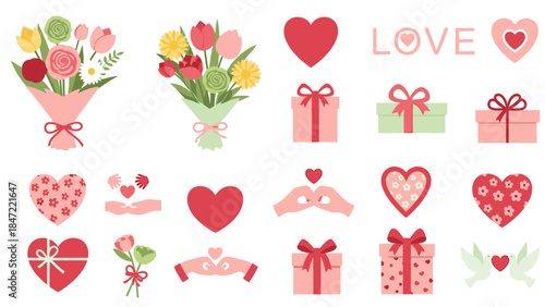 Flat lay of various Valentine's Day icons including hearts, gifts, and flowers on a white background with a festive and loving mood.