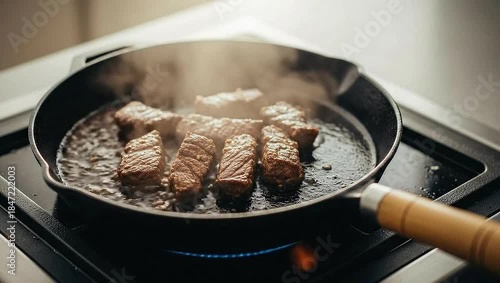 Beef steak sizzling in a cast iron pan on a gas stove top.