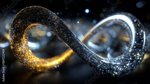 Infinity symbol formed by luminous particles representing continuity, eternity and limitless technological evolution.
