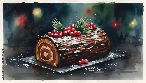 Traditional chocolate Yule log cake with festive garnish