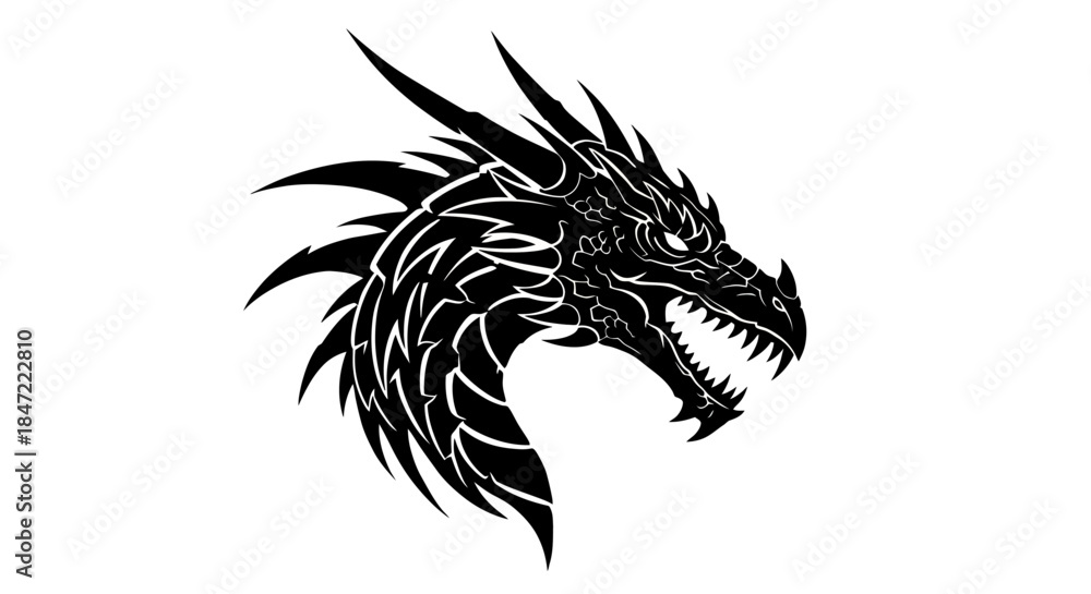 Obraz premium A powerful and fearsome black dragon head, rendered in a sharp, stylized vector art illustration, evokes mythical strength and ancient legends on a clean background.