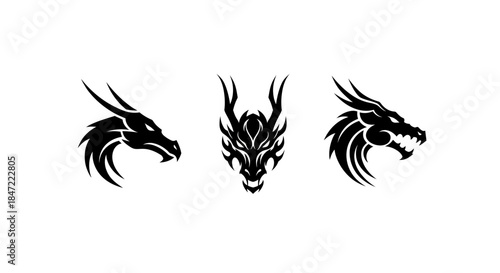 A powerful collection of three aggressive mythical dragon head vector illustrations, perfect for logos, tattoos, or graphic design projects on a clean white background.
