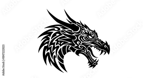 A fierce dragon head, rendered in a bold black vector illustration, showcases intricate tribal patterns, perfect for tattoos or graphic design elements.