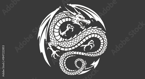 A detailed vector illustration of a majestic dragon, rendered in a striking white silhouette against a dark gray backdrop, perfect for design needs.
