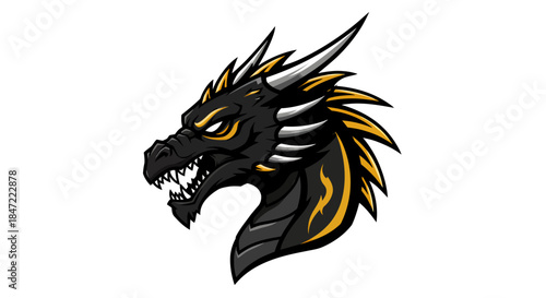A fierce dragon head illustration rendered in a vector style, featuring sharp details, gold accents, and a menacing expression, set against a clean white background.