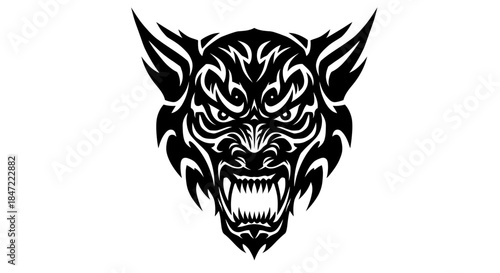 A stylized vector illustration of a fierce dragon head with sharp teeth, showcasing a tribal-inspired design in black and white against a clean background.