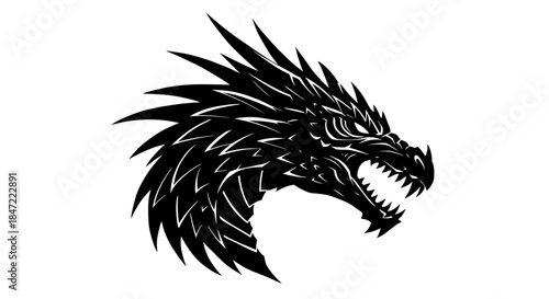 A fierce black dragon head vector illustration with sharp teeth and scales, depicted in a powerful mythological style.