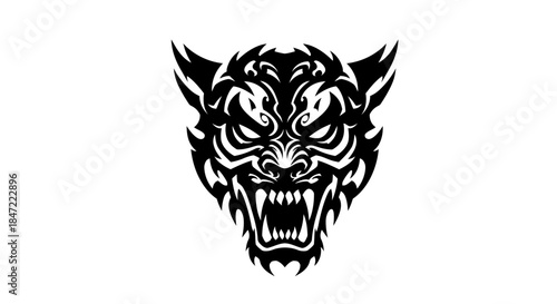 Intricate vector illustration of a fierce dragon head with sharp teeth and detailed tribal patterns, isolated on a clean white background, perfect for tattoo design.