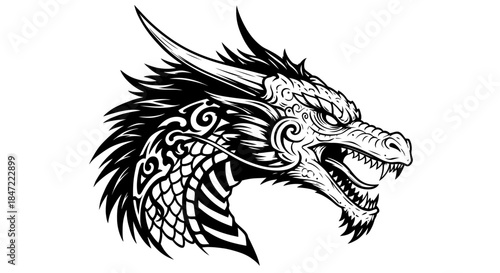 Wallpaper Mural A powerful and intricately detailed mythical dragon head is depicted in a striking black and white vector illustration, showcasing its fierce expression and majestic scales. Torontodigital.ca