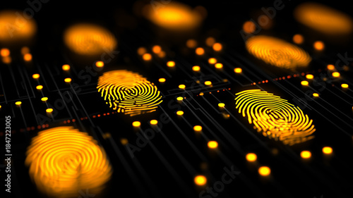 A glowing digital fingerprint pattern illustrating biometric identification systems, data verification and advanced cybersecurity authentication concepts.
