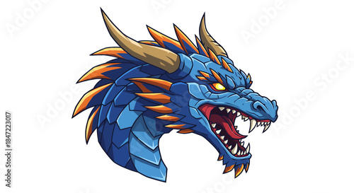 A vibrant vector illustration showcases a fierce blue dragon head with sharp teeth and golden horns, perfect for fantasy-themed designs and creative projects.