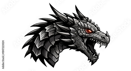 Detailed vector illustration of a fierce dragon head with metallic scales and glowing red eyes, isolated on a clean white background for versatile use.