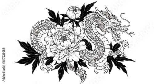 A majestic traditional Chinese dragon is intricately illustrated in black and white vector art, gracefully entwined with blooming peony flowers and leaves.