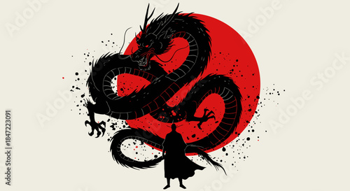 A striking vector illustration showcases a formidable dragon silhouette against a vibrant red sun, with a lone figure standing below, embodying strength and mystery.