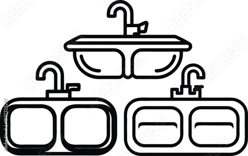 Double kitchen sinks and faucets with clean lines on transparent background for modern plumbing needs