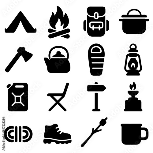 Camping Essentials: A comprehensive array of camping gear, each meticulously illustrated in bold silhouette, showcasing the fundamental tools for a memorable outdoor adventure.