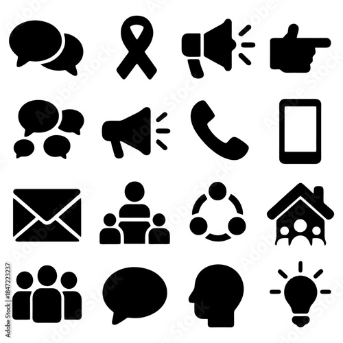 Communication and Connection Icons: A set of black and white icons representing various aspects of communication and connectivity. conveying messages and interactions.