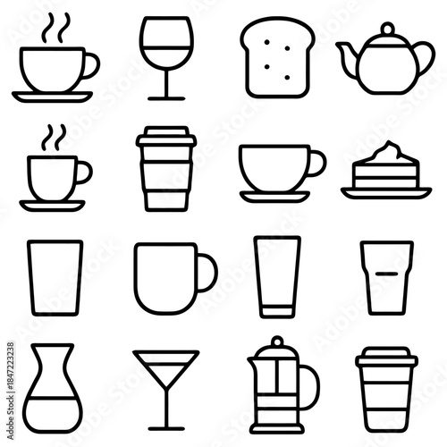 Diverse Drinkware Icons: A meticulously crafted collection of icons showcases a range of beverage vessels and food items, each embodying minimalism and versatility.