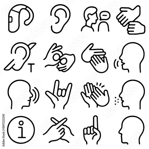 Communication through Symbols: A compilation of essential communication symbols used to describe and guide interaction with individuals facing hearing or speech challenges.