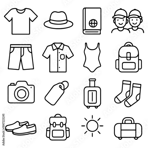 Travel Essentials: An array of travel essentials, meticulously outlined, beckons adventurers. These travel necessities, poised for exploration, include clothes, camera, shoes, and a suitcase.