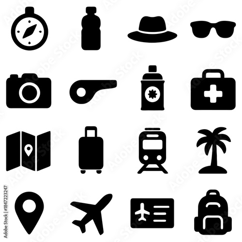Travel Essentials: A curated collection of travel icons, featuring a compass, water bottle, hat, sunglasses, camera, whistle, sunscreen, first aid kit, map, suitcase, train, palm tree, location pin.