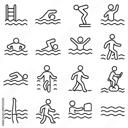 Swimming Icons: A collection of diverse swimming icons, depicting a variety of activities and strokes, set against a pristine backdrop.
