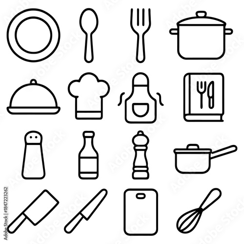 Kitchen Utensils Line Art: A collection of various kitchen essentials, each meticulously outlined with clean lines, including plates, cutlery, and cookware. This collection features plates, cutlery.