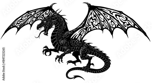 Detailed vector illustration of a fierce black dragon with intricate wing patterns, poised in a dynamic stance against a clean white background, perfect for fantasy designs.