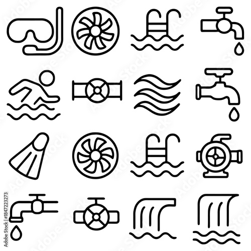 Water Activity Icons: A collection of simple, yet elegant outline icons capturing the essence of aquatic recreation and essential tools, offering versatile design applications.