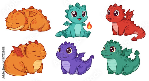 A charming vector illustration showcases a collection of adorable cartoon dragons in various vibrant colors, perfect for children's designs and fantasy-themed projects, featuring a playful and